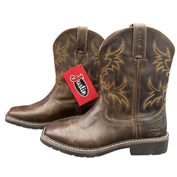 Justin Western Boots Kids Rugged Tan Buffalo 4.5D Embroidered Square Toe SK4681 - Picture 2 of 15